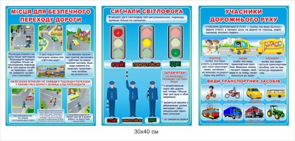 Стенди з безпеки “Місця безпечного переходу дороги, сигнали світлофора та учасники дорожнього руху”