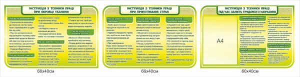 Комплект стендів “Інструкція з техніки безпеки при: обробці тканини, приготуванні страв, під час занять трудового навчання”