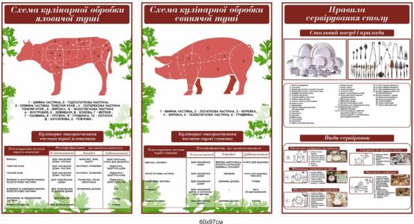 Комплект стендів “Обробка свиної туші, яловичої туші, правила сервірування столу”