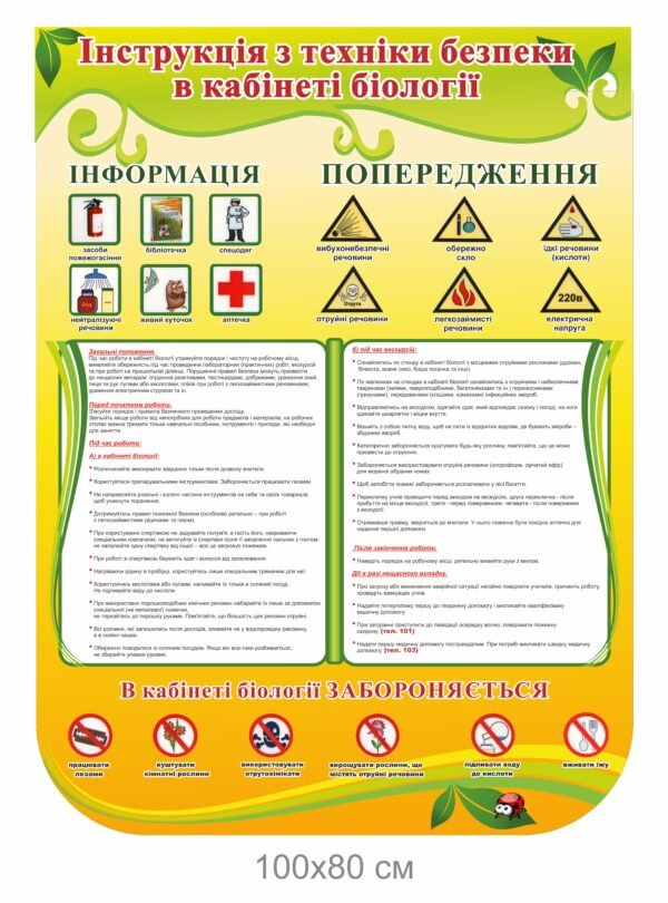 Стенд «Інструкція з техніки безпеки в кабінеті біології»
