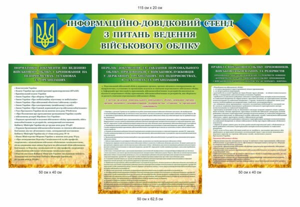 Комплект стендів “Інформаційно довідниковий стенд з питань військового обліку” зеленого кольору