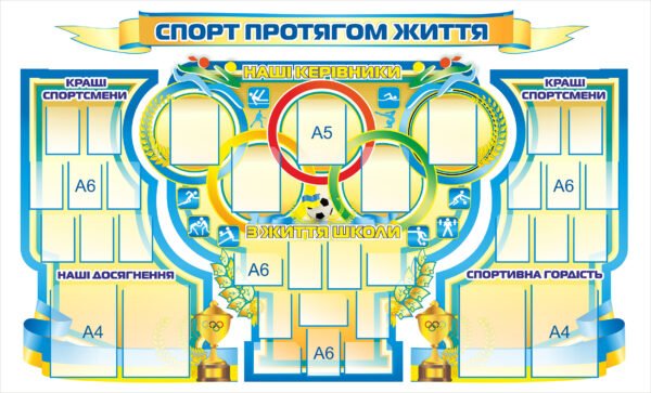 Стенд “Спортивне життя школи” з олімпійськими кільцями