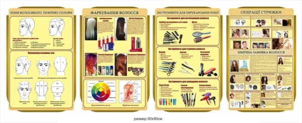 Комплект пластикових стендів для перукарів”Зони волосяного покриву голови, фарбування волосся, інструменти для перукарських робіт, операції стрижки”