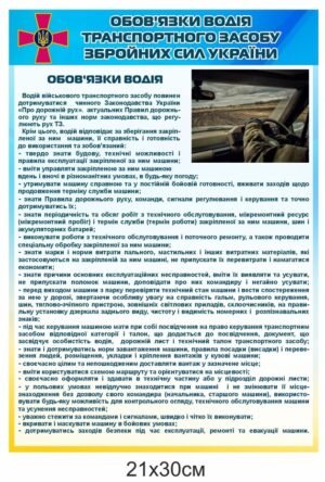 Стенд “Обов’язки водія транспортного засобу ЗСУ”